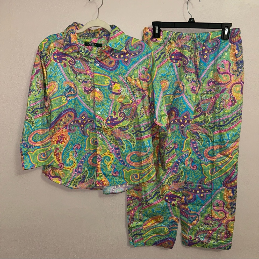 LRL EMBROIDERED Multicolor Paisley Pajama Set - Green, Purple & Yellow - Picture 1 of 4